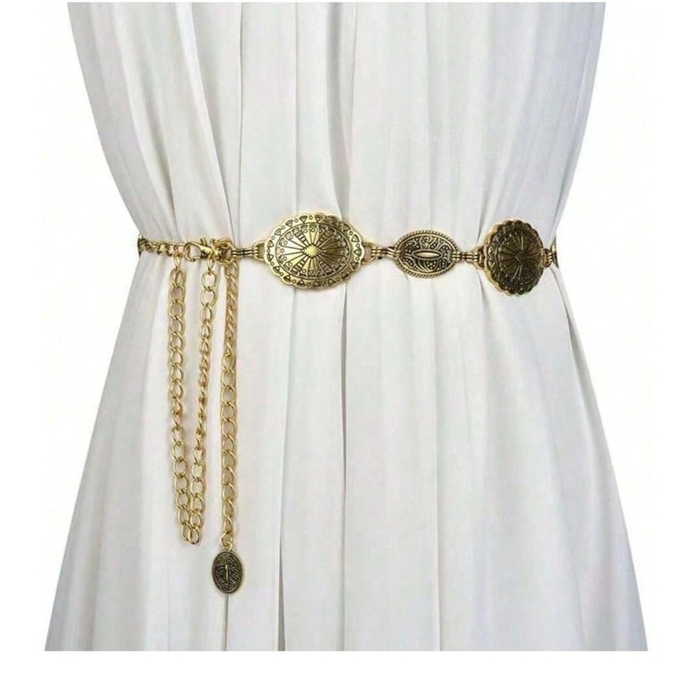 Gold Metal Chain Belt with Oval Medallions Waist Hip Body Jewelry - Picture 2 of 4